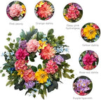 Spring Wreaths for Front Door, 24 Inch Spring Door Wreath with Yellow Dahlia,Pink Hydrangea Dahlia Peony Flower Wreath for All Season Outside Indoor Outdoor Home Porch Wall Decor - Image 3