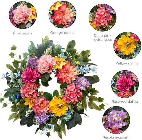 Spring Wreaths for Front Door, 24 Inch Spring Door Wreath with Yellow Dahlia,Pink Hydrangea Dahlia Peony Flower Wreath for All Season Outside Indoor Outdoor Home Porch Wall Decor - Image 3
