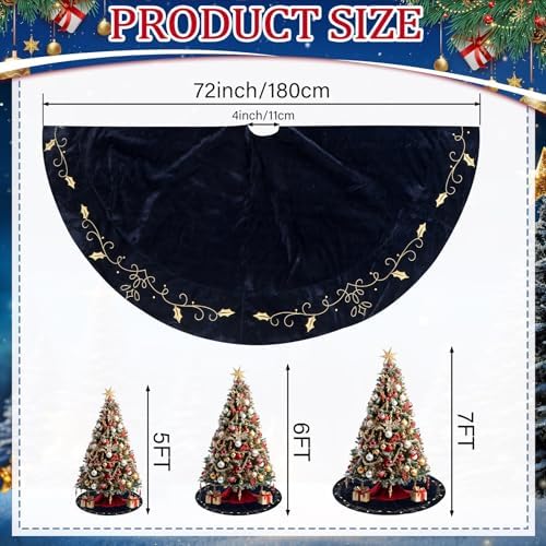 72inch Extra Large Christmas Tree Skirt Navy Blue Luxury Velvet Plush Skirts with Gold Embroidery Xmas Velvet Tree Skirt Holly Leaves Gold Embroidered Trees Skirts for Christmas Holiday Party Decor - Image 2