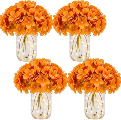 4 Sets Mason Jar Centerpiece with LED Lights and Orange Hydrangea Fake Flowers Vase for Wedding Thanksgiving Party Coffee Table Decor by Tianxunewtig
