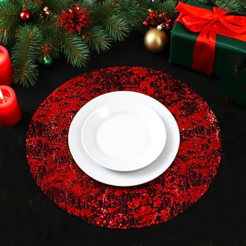 Red Disposable Placemats Set of 100 Red Charger Plates Doilies Metallic Thin Mesh Round 13 Inch Glitter Foil Pressed Dining Table Decoration Centerpieces for Party Wedding Birthday - Image 2
