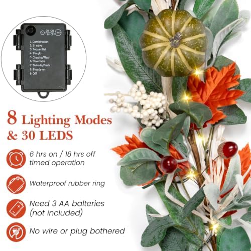 6FT Lighted Handcrafted Fall Garland, 30 LED Lights & 8-Mode Auto Timer - Image 3