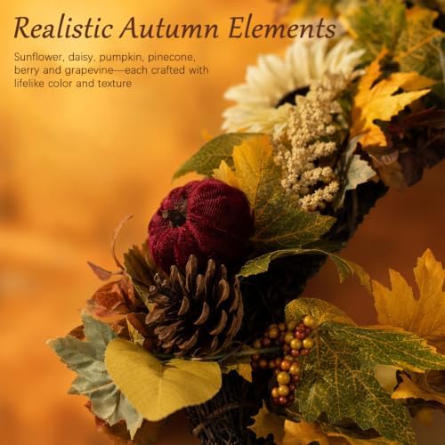 6FT Fall Garland with Lights, Artificial Sunflower Pumpkin Berry Pinecone Daisy Vine, Thanksgiving Autumn Harvest Home Decor for Mantle Porch Table Centerpiece - Image 3