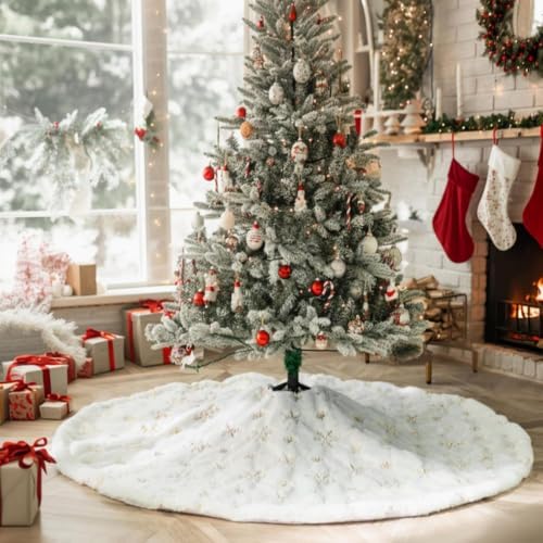 CHICHIC 72 Inch Faux Fur Christmas Tree Skirt with Sequin Gold Snowflakes - Image 3