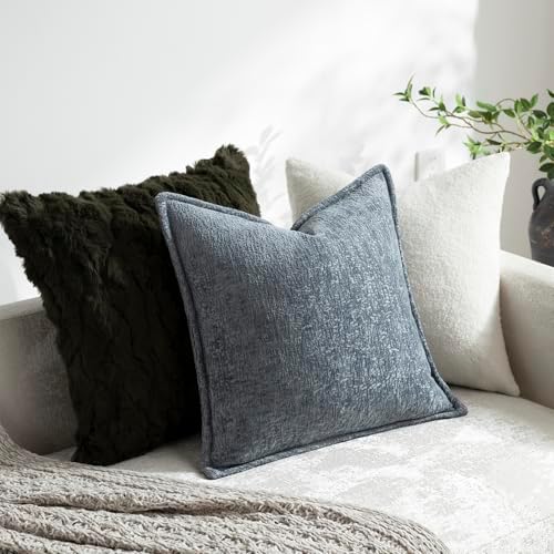 DEZENE Pack of 2 Dusty Blue Decorative Throw Pillow Covers 24x24 Cozy Soft Chenille Accent Vintage Square Couch Pillow Covers for Home Decor Bed Sofa Living Room - Image 4