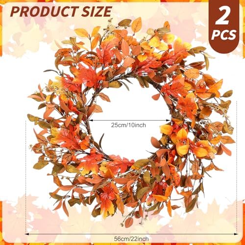 Hotop 2 Pcs 22'' Fall Wreaths for Front Door Autumn Wreaths with Berries Harvest Eucalyptus Leaves Orange Gold Leaves for Home Wall Farm Fall Thanksgiving Festival Decor - Image 2