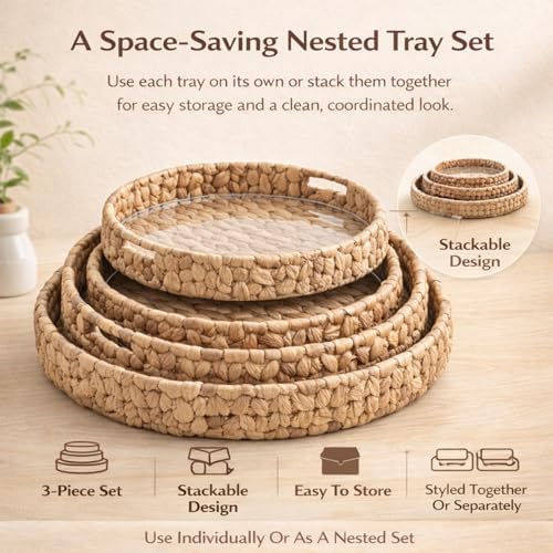 Round Woven Rattan Tray with Clear Acrylic Insert and Handles, Water Hyacinth Decorative Storage Tray for Coffee Table, Ottoman, Bathroom Counter, Kitchen (S+M+L 3 PCS) - Image 4