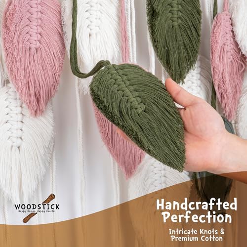 WOODSTICK Large Macrame Wall Hanging 39"W x 29.5"L - Boho Wall Decor in Beige, Old Pink & Green - Chic Woven Leaf Leaves Boho Tapestry, Handmade Cotton Fiber Art, Macrame Wall Décor, Bedroom Tapestry - Image 6