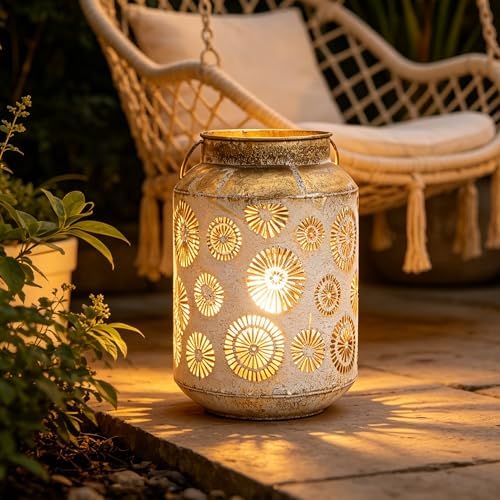 Rustic Metal Hanging Lantern, 8.66" H Vintage Distressed Gold Firework Cutout Decorative Lantern for Indoor Outdoor Use, Tabletop Patio Wedding Centerpiece, Fits Pillar & LED Candles - Image 3