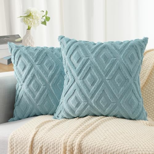 Pallene Fall Light Teal Faux Fur Throw Pillow Covers 20x20 Set of 2 by PALLENE