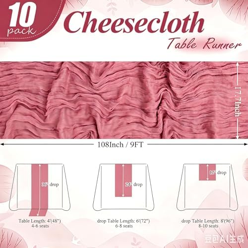 10 Pack Dusty Rose Cheesecloth Table Runner 17"x108" Boho Gauze Fabric Table Runner Vintage Rustic Sheer Runners for Wedding Party Bridal Baby Shower Table Decorations - Image 2
