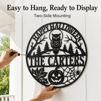 Personalized Halloween Metal Sign, Custom Family Name Wall Decor with Owl, Pumpkin and Spider Web, Round Front Door Sign for Porch, Entryway, Indoor Outdoor Home Decoration - Image 3