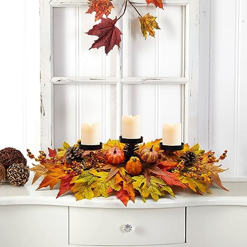 Fall Centerpiece Table Decorations, 27.5'' L Assorted Artificial Pumpkins, Berries, Maple Leaves and Pine Cones, Harvest Table Candle Holder for Dinning Table, Fireplace Mantel (Candle Not Included) - Image 2