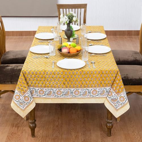 Home Spun & Crafts 72x118 Inches Rectangle Hand Block Print Tablecloth, 100% Cotton, Bee Yellow Floral Table Cloths Washable, Traditional Indian for Dining Outdoor Thanksgiving Halloween Christmas - Image 4