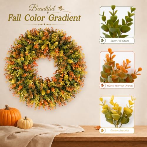 Vlorart 20 Inch Fall Wreaths for Front Door, Handmade Fall Boxwood Wreath with Cream Linen Sash, Waterproof and UV Resistant Outdoor Autumn Wreath for Farmhouse Porch, Window and Thanksgiving Decor - Image 3