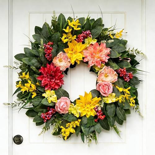 Spring Summer Eucalyptus Wreaths for Front Door Outside 24Inch Door Yellow Daisy Wreath with Sunflower Peony Dahlia Green Leaves for All Season Indoor Outdoor Home Farmhouse Porch Wall Window Decor by CHIYINBAO