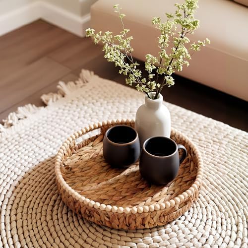 Round Wicker Tray 16'' Water Hyacinth Woven Tray with Handles Decorative Large Serving Trays for Coffee Table for Kitchen, Living Room, Bedroom Home Decor(Water Hyacinth) - Image 5