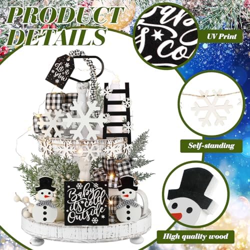 Shellwei 14 Set Winter Tiered Tray Decor with Tray Snowmen Decorations Winter Snowflakes Wood Decor Black and White Rustic Farmhouse Wooden Sign Decoration for Home Tabletop - Image 5