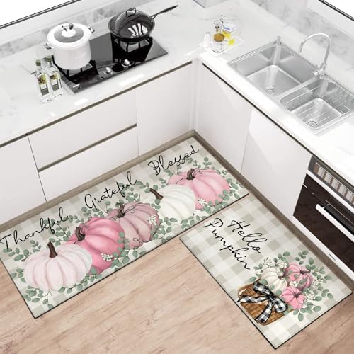 Fall Thanksgiving Pumpkin Kitchen Rugs Set of 2,Eucalyptus Buffalo Plaid Farmhouse Floor Mats and Rugs Non Skid Washable for Kitchen Home Decor (Pink 17"x47"+17"x30") - Image 2