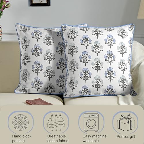 Ridhi Block Print Mughal Buta Blue Pillow Cover 20" x 20" (Pack of 2) Decorative Couch Pillows for Living Room, Farmhouse Chic Boho Cute Outdoor Pillows Covers Gifts for Spring, Mother's Day - Image 6