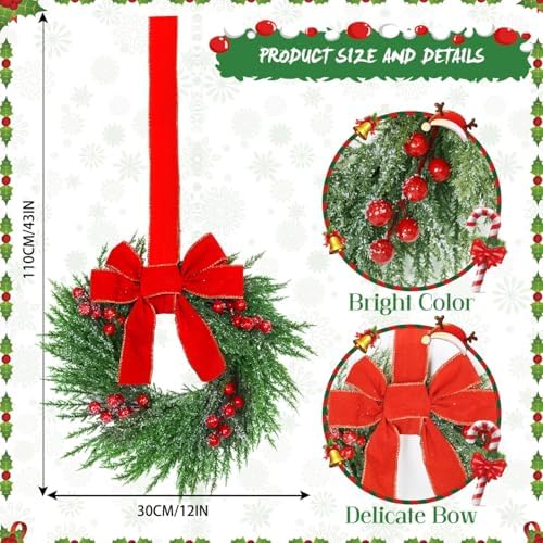 YoleShy 6 Pcs Small Christmas Wreath 12'' Mini Wreaths for Kitchen Cabinet Wreaths with Berry & Red Velvet Bow Ribbon Window Wreath Christmas Xmas Farmhouse Decoration for Front Door Chair Wall - Image 2