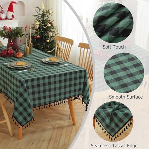 JIALE Gingham Tablecloth Rectangle Cotton Linen Fabric Checkered Table Cloth with Tassel Washable Wrinkle Free Buffalo Plaid Table Cover for Christmas, Party Kitchen Dining, Green and Black, 55x90 - Image 3