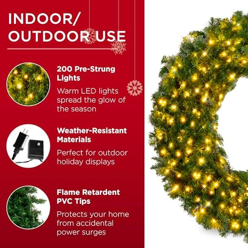 Best Choice Products 48in Large Artificial Pre-Lit Fir Christmas Wreath Holiday Accent Decoration w/ 200 LED Lights, 714 PVC Tips - Image 4