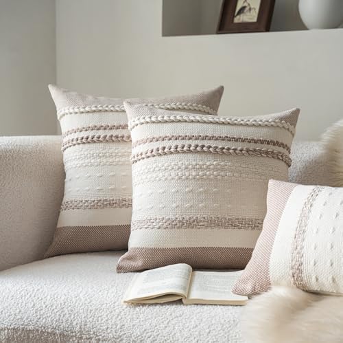 Cethom Boho Throw Pillow Covers 20x20 Inch Set of 2, Khaki Textured Decorative Couch Pillow Cases for Farmhouse Home Decor, Accent Cushion Cover for Sofa, Bed, Living Room, Bedroom - Image 2