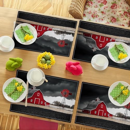 Farmhouse Placemats Set of 6, Black and Red Place Mats, Rustic Wipeable Washable Table Mat for Kitchen Dining Home Decor Linen Plate Mat 18x12 Inch - Image 7