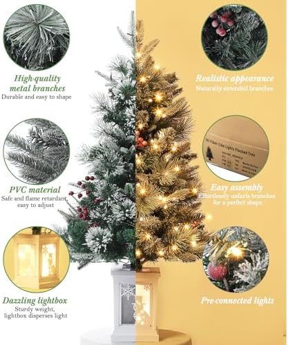 GAOMON 3ft Prelit Snow Flocked Christmas Tree with White Snowman Box Base - Image 3