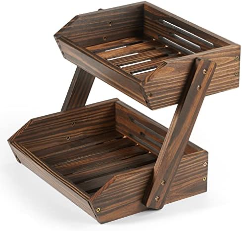 Large Capacity 2-Tier Wooden Fruit Basket, Durable Acacia Wood, 10.5" Tall, Spacious for Produce, Vegetables, Bread Storage and Home Kitchen Countertop by NAGAWOOD