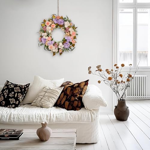 22 Inch Vintage Floral Wreath - Artificial Purple Pink Rose, Peach Dahlia, Hydrangea & White Berry with Boxwood, Lamb's Ear, Willow Eucalyptus, Indoor Outdoor Farmhouse Front Door Decor - Image 5