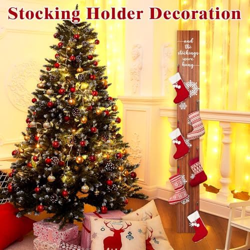 Cinnvoice Rustic 70 Inch Stocking Holder, 6 Hooks Freestanding Wood - Image 5