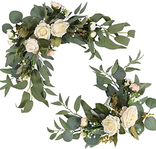 H&W 2pcs Small Size Artificial Wedding Arch Flowers for Sign, Floral Swag Dusty Decor for Reception Ceremony Backdrop Sweetheart Table(White Rose) by HW