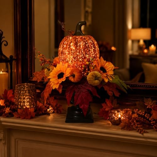 Svndlyn 15 Inch Lighted Fall Pumpkin Arrangement with Pumpkin, Daisies - Image 7