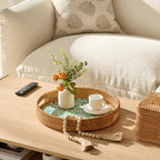 YANGQIHOME Round Rattan Tray with Handle, Mother of Pearl Inlay Decorative Wicker Basket for Coffee, Bread, Fruits, Serving Tray for Home Decor, Blue Flower - Image 6