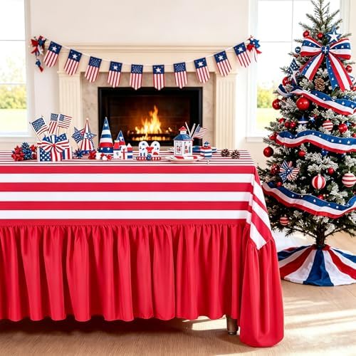 Ruffle Table Cloth Red and White Striped Tablecloth - 80 x 120 Inch Waterproof Tablecloths Rectangle Polyester Red Striped Table Cover for Birthday Wedding Picnic Baby Shower Holiday Party Decoration by Fanqisi