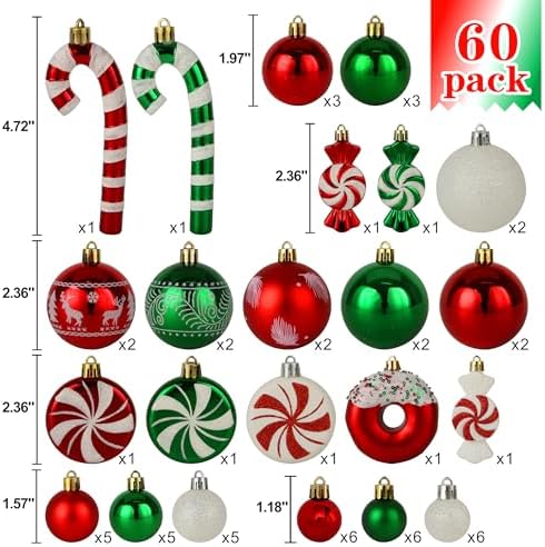 Christmas Tree Ornaments Green Red White Xmas Ball Ornaments Set of 60 Pack - Image 3
