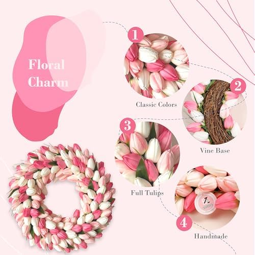 Tulip Wreath for Front Door, 20 Inch Tulip Spring Summer Wreath with Green Leaves, Artificial Floral Door Wreath for All Seasons Wall Window Valentine Easter Home Decor (Pink) - Image 2