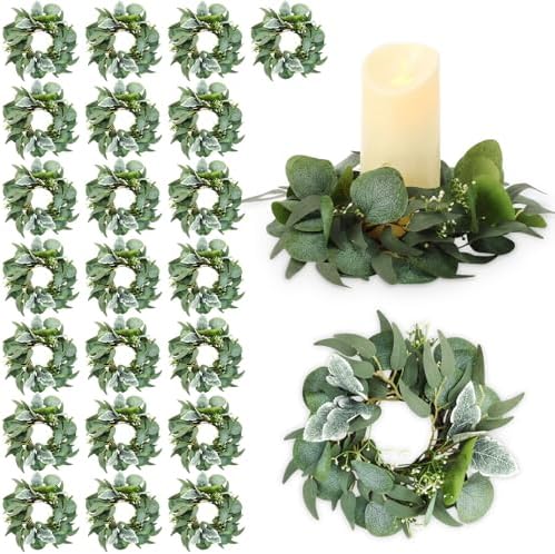 Zeyune 24 Pcs Candle Rings Bulk Artificial Eucalyptus Wreath Novel by Zeyune