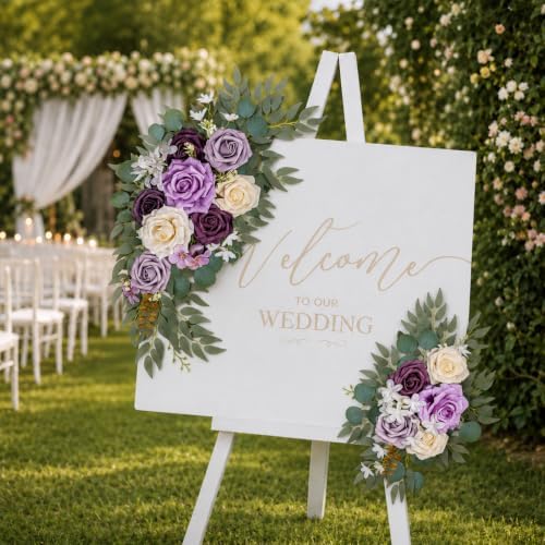 AitnWoy Artificial Wedding Arch Flowers Kit 2 PCS Dust Rose Flowers Silk Peony Floral Swag Welcome Sign for Wedding Ceremony Party Home Garland Decor (Purple) - Image 6