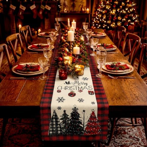 Remagr 6 Pack Christmas Table Runners, 13 x 72 Inch, Red Black Plaid Border - Image 6