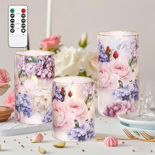 Hydrangea Rose Flameless Candles with Remote Control & Timer Function - Real Wax Glass Battery Operated Candles - Home Farmhouse Holiday Christmas Valentine's Day Decorations - Set of 3 - Image 2
