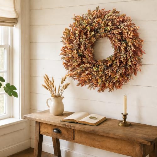 26" Artificial Fall Azalea Leaves Wreath for Front Door Decor(Orange-Green) - Image 4