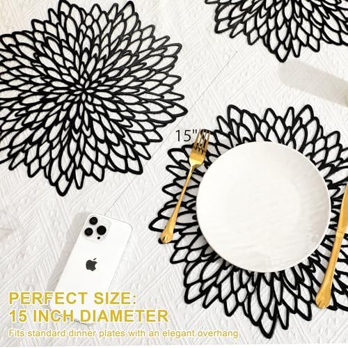 Set of 18 Round Placemats Black, Heat-Resistant PVC Table Mats with Luxury Metallic Glossy Finish for Thanksgiving Christmas Wedding Party Decor, Easy to Clean - Image 4