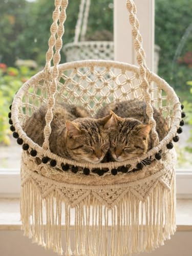 KARCEEY Macrame Cat Hammock - Hanging Cat Bed for Wall & Window - Boho Swing with Full Hardware Kit & Nip Toy - Stable Heavy Duty Design for Large & Senior Felines up to 60lbs by KARCEEYStudio