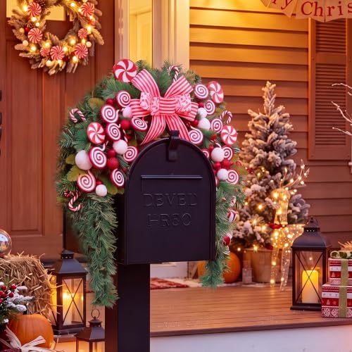 Yinder 24" W Christmas Mailbox Wreath Swag with Red White Bow, LED Lights - Image 4
