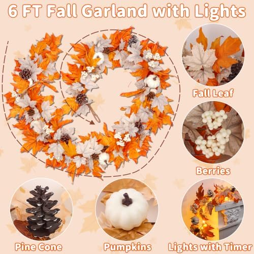 Fall Decor 6FT Lighted Fall Garland with Lights & Timer, Full Autumn Light Up Fall Leaf Mantle Garland with Pumpkin Berries Pinecone, Indoor Fall Thanksgiving Decorations for Home Fireplace Porch Door - Image 2