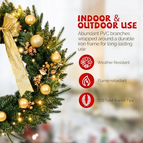 VINGLI 24" Battery Operated Christmas Wreath with 50 LED Lights - Image 2
