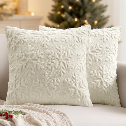 MIULEE Christmas Cream White Throw Pillow Covers Snowflakes Decorative 24×24 Inch Faux Wool Winter Festival Couch Pillow Covers Set of 2 Farmhouse Holiday Home Decors for Sofa Livingroom Bed by MIULEE